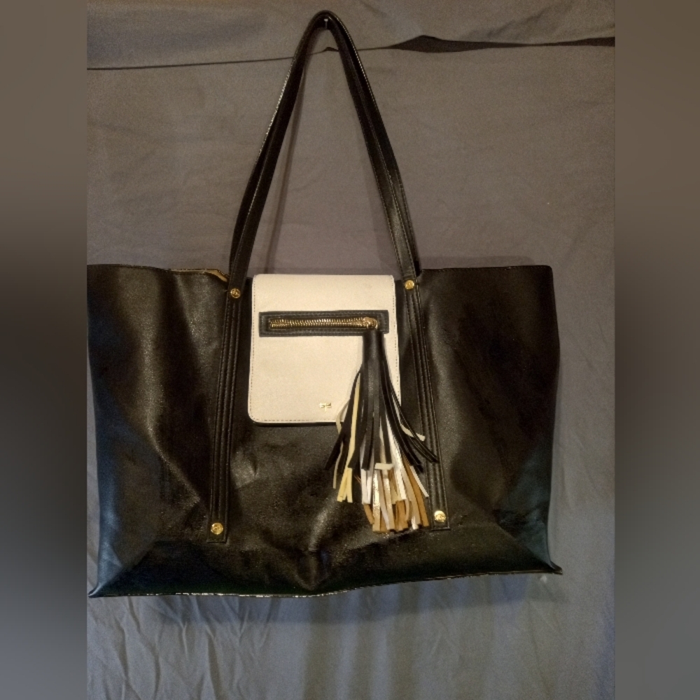 Kate Landry Black and White Shoulder Tote Bag with Tassel Detail